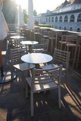 Cozy terrace with tables of cafe in Ljubljana, Slovenia