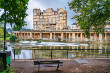Morning scenery of Pulteney weir at River Avon in city of Bath, Somerset. England