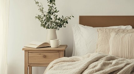 A bedroom nightstand beside a comfortable bed with soft textures