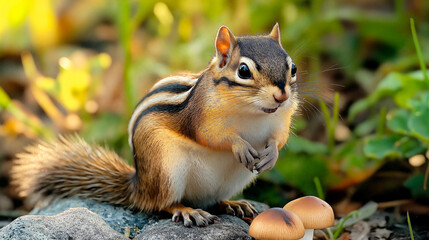 Chipmunk Holding Food Against Nature Background