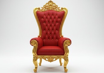 A ornate throne chair with a regal red velvet cushion and intricately carved gold accents