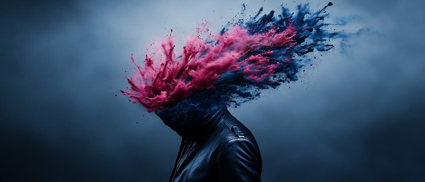Person with colorful powder exploding from head.