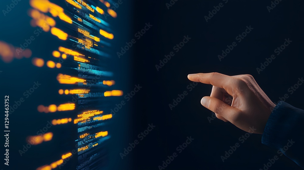 Poster individual pointing at a computer screen demonstrating engagement and interaction with digital conte