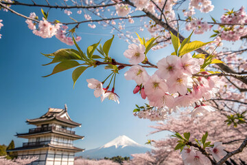 Beautiful cherry blossoms in full bloom against a clear blue sky. A perfect representation of spring, renewal, and nature&rsquo;s beauty.