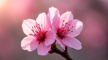 Obraz premium Pink cherry-sakura flower with delicate petals and small vein details, located on a soft bokeh background with space for copying. 