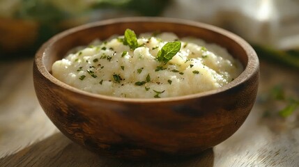 Wooden bowl of creamy mashed potatoes, garnished with herbs, on a light wood table