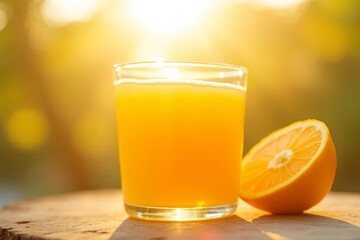 Fototapeta premium Refreshing orange juice drink outdoor setting glass beverage bright sunshine close-up view vibrant flavor