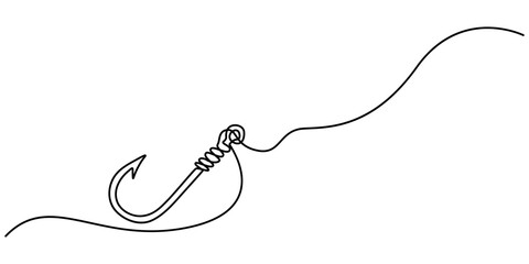 Fishing hook line continuous drawing vector. One line Hook vector background. Hook fisherman's equipment icon. Continuous outline of a Fishing hook,  minimalist pro vector illustration line concept.