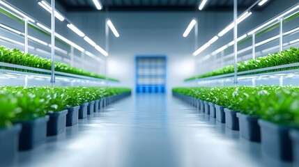Lush greenhouse filled with rows of healthy plants growing under controlled conditions for agriculture and gardening
