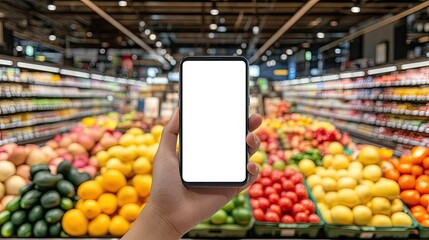 A hand holding a smartphone with a blank screen in front of neatly arranged fruits and vegetables in a well-lit grocery store.