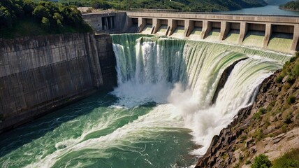 Dynamic water release at a hydro dam natural landscape aerial view power generation concept