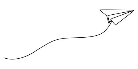 Continuous one line drawing of paper airplane flying design vector illustration, Paper plane continuous one line drawing of minimalist style and outline vector illustration, white background.