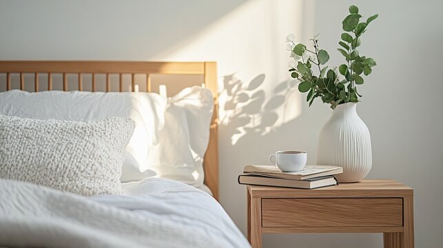 A cozy bedroom scene featuring a bed and nightstand