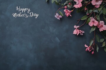 A tender Mother's Day message delicately framed by blossoming pink flowers against a dark, textured background.
