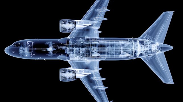 Futuristic airplane design with transparent x ray view of complex interior and structure details