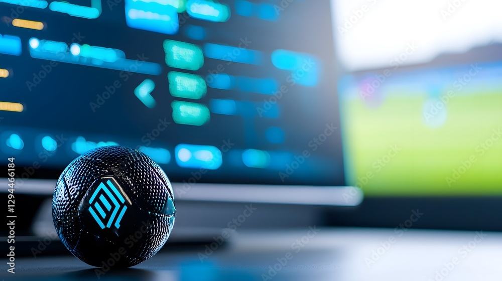 Poster a computer screen displaying a colorful ball on its surface with soft reflection creating a modern d