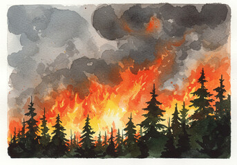 山火事の水彩イラスト、炎、野焼き、山焼き