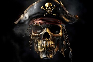 A striking depiction of a pirate skull on a contrasting black background.