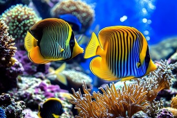 Obraz premium Discover the rich marine life among the corals in this stunning seaside scene.