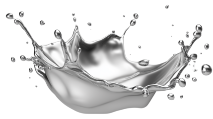 Silver metallic paint splash with elegant shimmer effect, liquid texture in motion, isolated on white background, PNG format