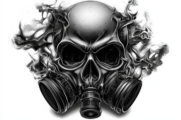 Bold imagery featuring a black skull and gas mask juxtaposed with a stark white background.