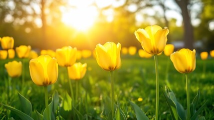 Yellow tulips sunset park spring blossom nature