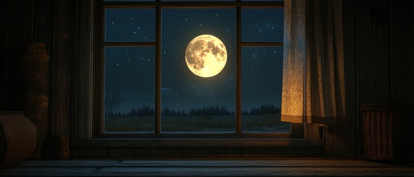 Enchanting Full Moon Night View Through Rustic Wooden Window Frame with Soft Curtain and Starry Sky - Powered by Adobe