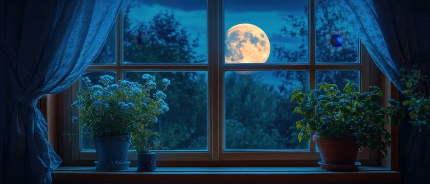 Fototapeta Serene full moon night view through window with floral pots creating a peaceful indoor scene and a dreamy atmosphere in the dark