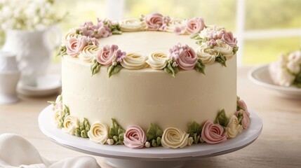 A classic white birthday cake with delicate piped icing, soft pastel flowers, and a simple, elegant design, captured in soft lighting to evoke a timeless, traditional feel 