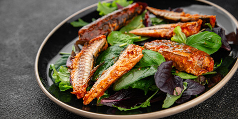 Mackerel tomato sauce canned fish seafood delicious gourmet food background on the table rustic food top view copy space keto and paleo diet vegetarian food pescetarian diet