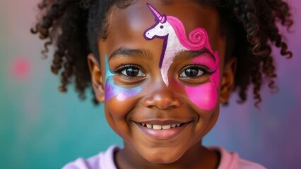 Obraz premium African-american girl with face painting unicorn neon colors, smiling, close-up. Events and entertainment for children. Kid's birthday party or vacation. Children's day, International Day of Families