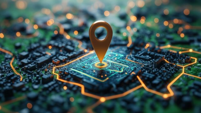Location pin on a circuit board with green and orange background indicating map navigation