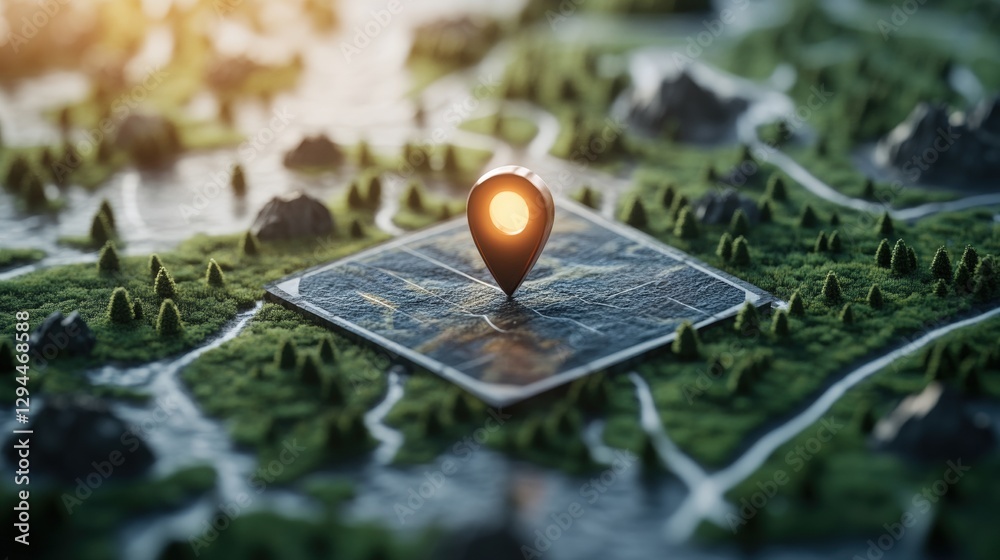 Poster map with a light bulb and location pin for finding your way on a navigation map
