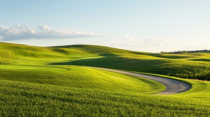 Obraz premium Scenic road curving through lush green hills countryside landscape bright day aerial view nature's beauty