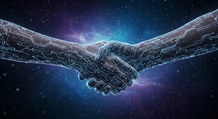 Handshake in Space - Two robotic hands, circuit-board textured, grasp in a handshake against a cosmic backdrop. Symbolizes technological collaboration