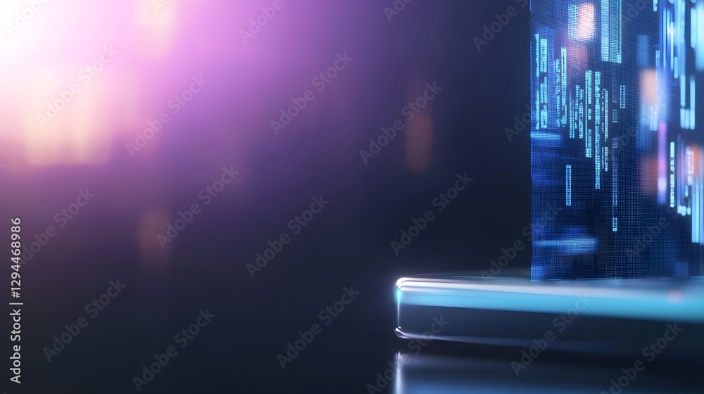 Poster laptop displaying data on its screen in a brightly lit workspace representing technology and informa