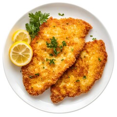 Hearty German Schnitzel with Golden Crispy Breading, Top-Down Angle, No Background, Deliciously Fried