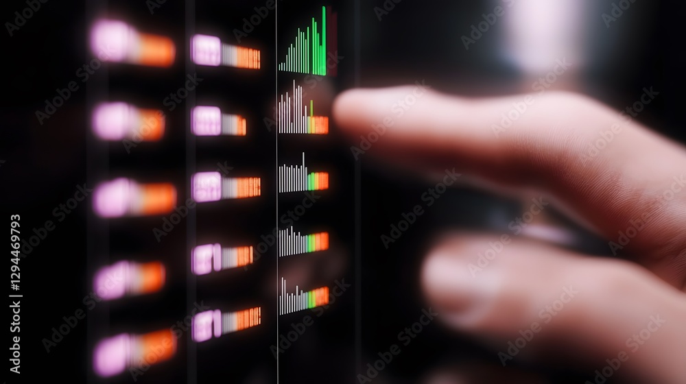 Poster close-up of a person's hand interacting with a digital display showing a colorful chart with trend l