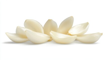 A front view of white peeled garlic cloves, isolated on a white background with a clipping path.