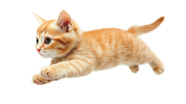 Playful orange kitten leaping in mid-air indoor setting animal photography bright environment close-up perspective cat dynamics