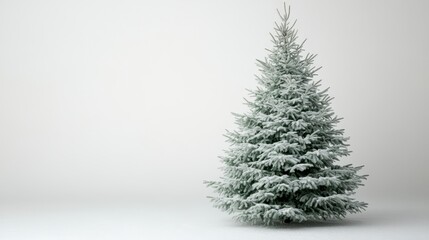 Fototapeta premium Snow Covered Evergreen Tree on White Background Winter Holiday Scene