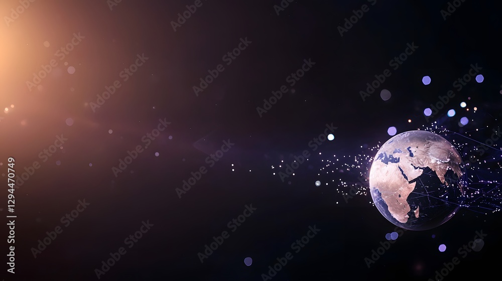Poster enigmatic planet surrounded by a complex network of connected lines signifying communication in the 