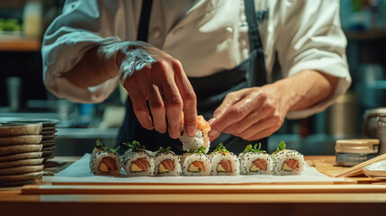 Professional chef preparing  sushi rolls with salmon and avocado food meal rice maki hand tasty fresh