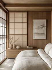 Fototapeta premium Serene minimalistic bedroom with a contemporary Japanese aesthetic style