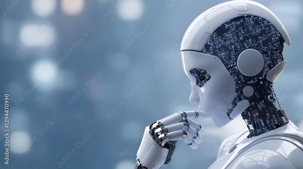 Poster futuristic robot with a computer mounted on its head representing advanced technology and artificial