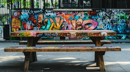 Fototapeta premium Colorful Graffiti on Urban Park Bench Surrounded by Street Art