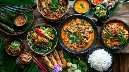 Fototapeta premium Vibrant Spread of Authentic Asian Cuisine on Wooden Table