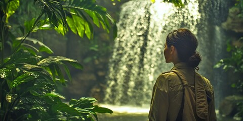 A serene moment in nature by a waterfall. The lush greenery surrounds a traveler lost in thought. This image captures peace and tranquility in a stunning setting. Explore beauty. AI