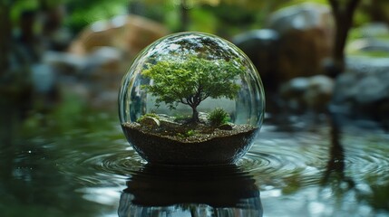 A miniature tree is contained in a glass sphere on water