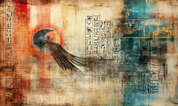 Ancient Egyptian artwork featuring bird hieroglyphs on papyrus.